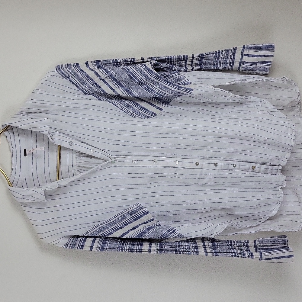 Free People Blue and White Striped Linen Cotton Blend Button down Size Small